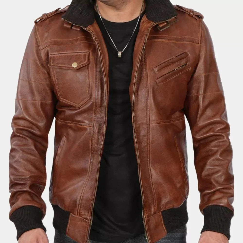 Brown Leather Bomber Jacket For Mens With Removable Hood