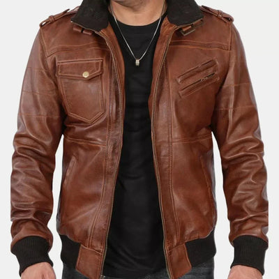 Brown Leather Bomber Jacket For Mens With Removable Hood