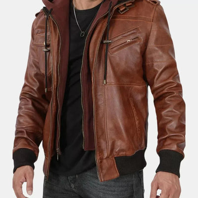 Brown Leather Bomber Jacket For Mens With Removable Hood