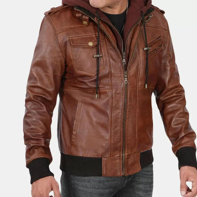Brown Leather Bomber Jacket For Mens With Removable Hood