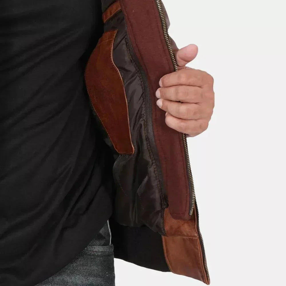 Brown Leather Bomber Jacket For Mens With Removable Hood