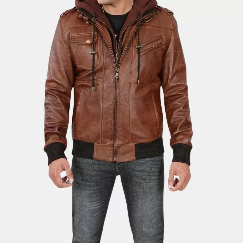 Brown Leather Bomber Jacket For Mens With Removable Hood