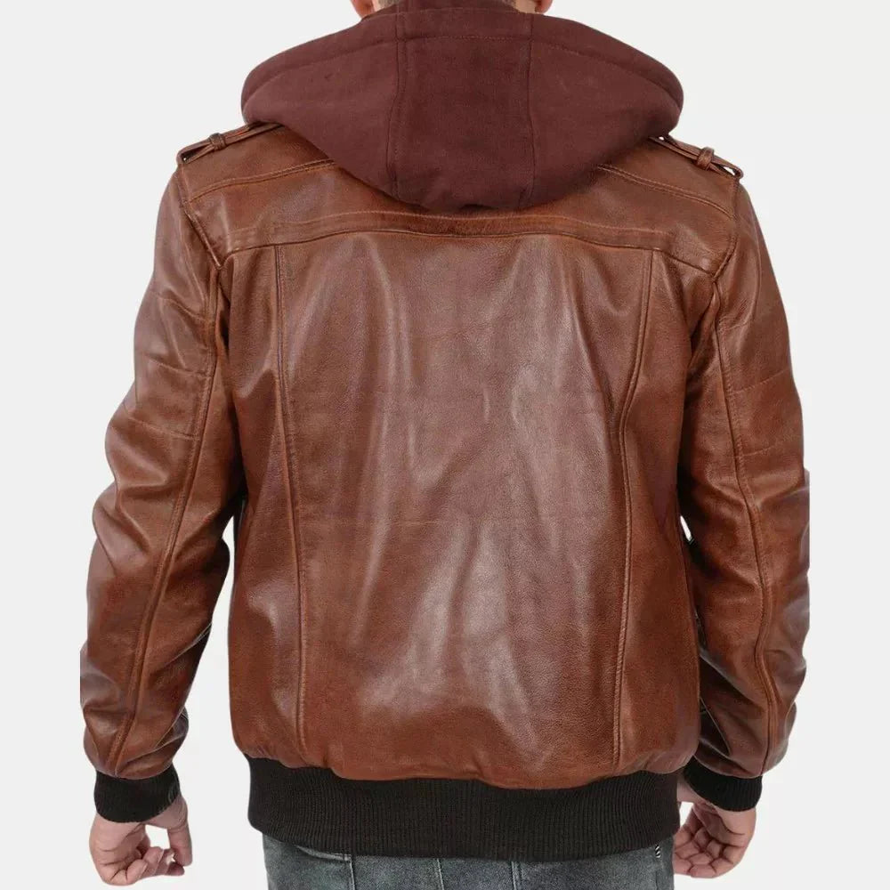 Brown Leather Bomber Jacket For Mens With Removable Hood