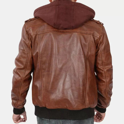 Brown Leather Bomber Jacket For Mens With Removable Hood