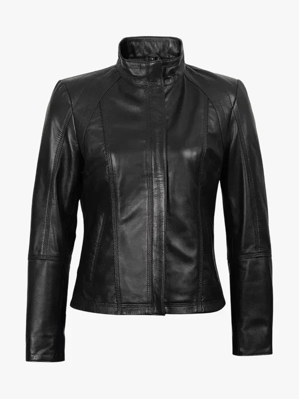 Acerra Women’s Black Genuine Leather Cafe Racer Jacket
