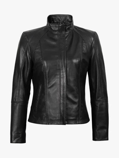 Acerra Women’s Black Genuine Leather Cafe Racer Jacket