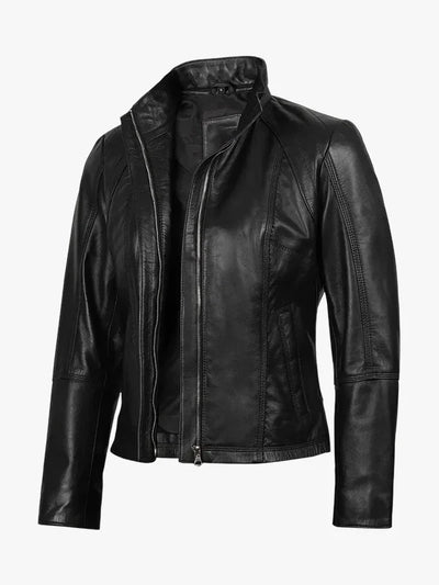 Acerra Women’s Black Genuine Leather Cafe Racer Jacket