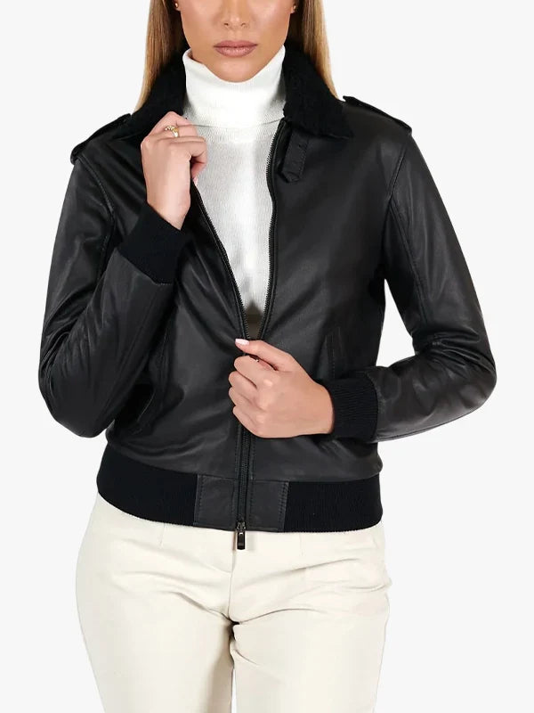Antea Women’s Black Lambskin Genuine Leather Bomber Jacket