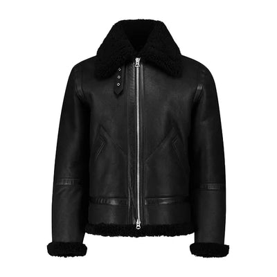 Black Shearling Leather Jacket For Mens
