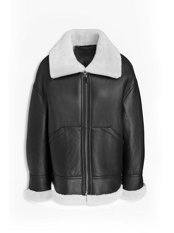 Black Genuine Leather Men’s White Shearling Collar Jacket