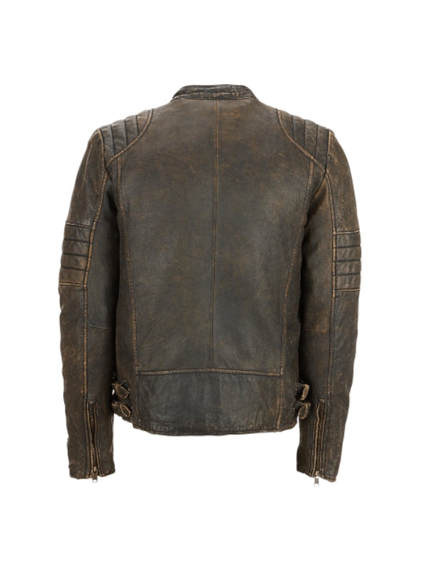 Brown Distressed Cafe Racer Leather Jacket