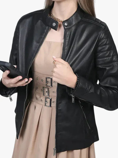 Carris Women’s Genuine Leather Black Cafe Racer Jacket