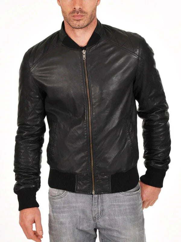 Genuine Sheepskin Quilted Bomber Jacket for Men in Style