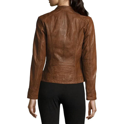 Womens Genuine Biker Brown Cognac Leather Jacket