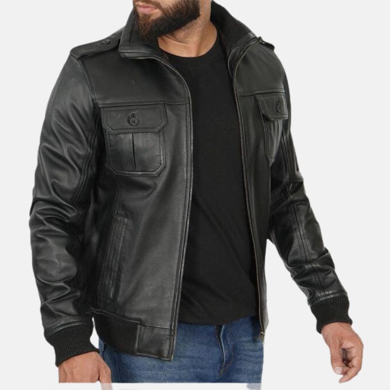 Mens Black Trucker Leather Jacket