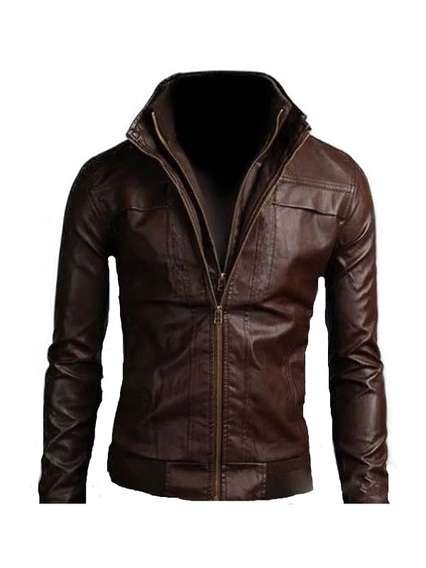 Men Brown Bomber Faux Leather Jacket