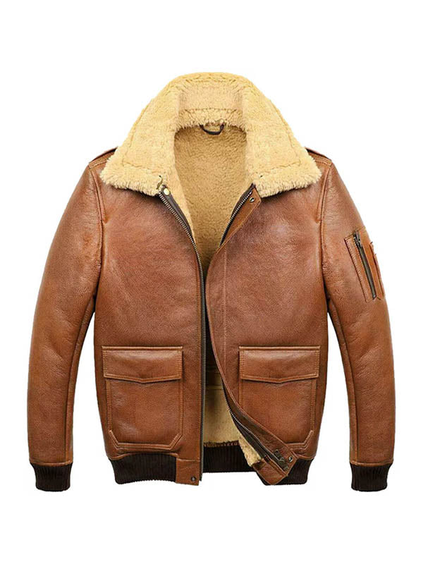 Men’s Aviator Camel Brown A2 Fur Shearling Jacket