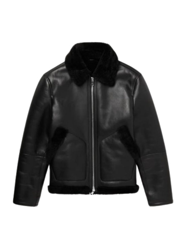 Men’s Black Shearling Lined Leather Trucker Jacket