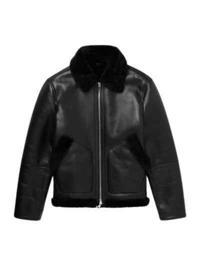 Men’s Black Shearling Lined Leather Trucker Jacket