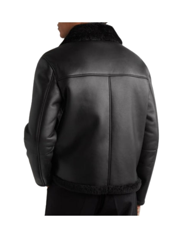 Men’s Black Shearling Lined Leather Trucker Jacket