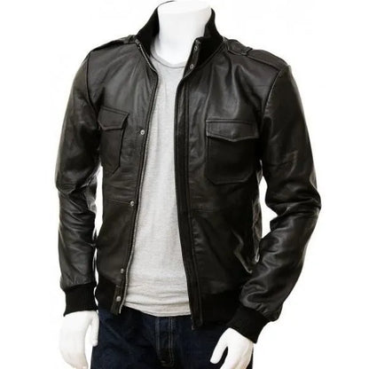 Mens Black Leather Bomber Jacket