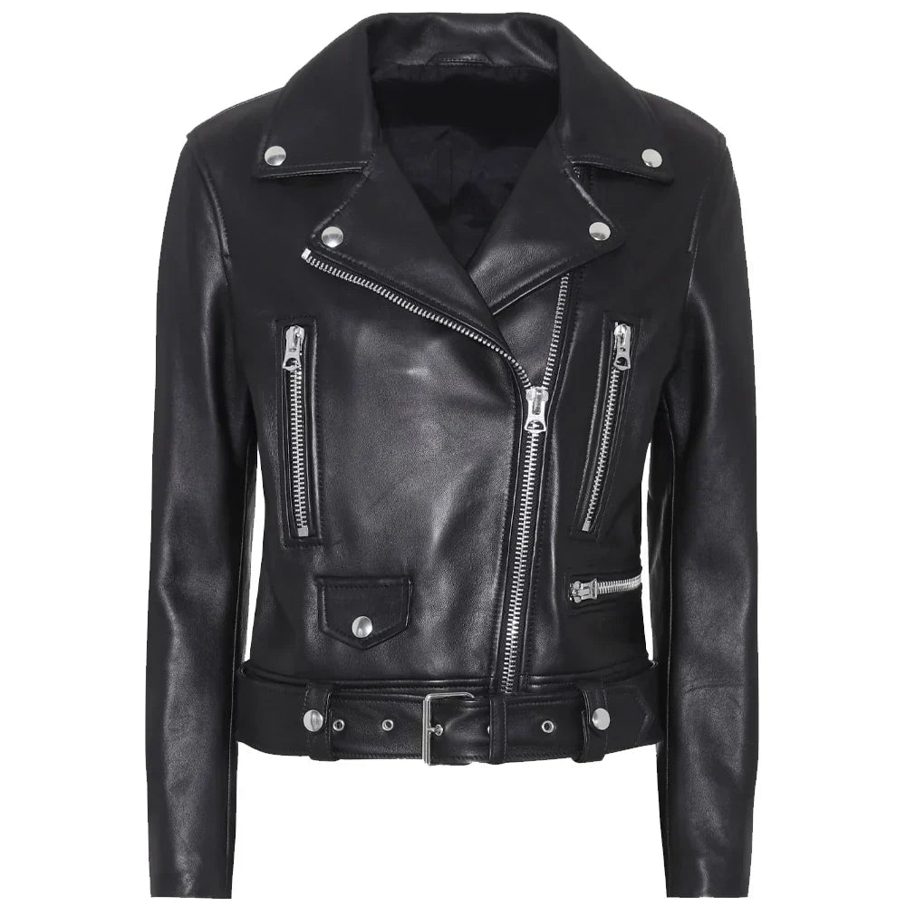 Womens Black Slim Fit Belted Motorcycle Leather Jacket