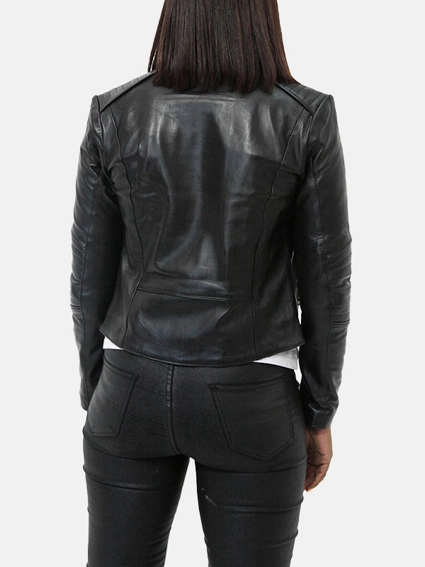 Women's Snap Tab Collar Black Leather Jacke
