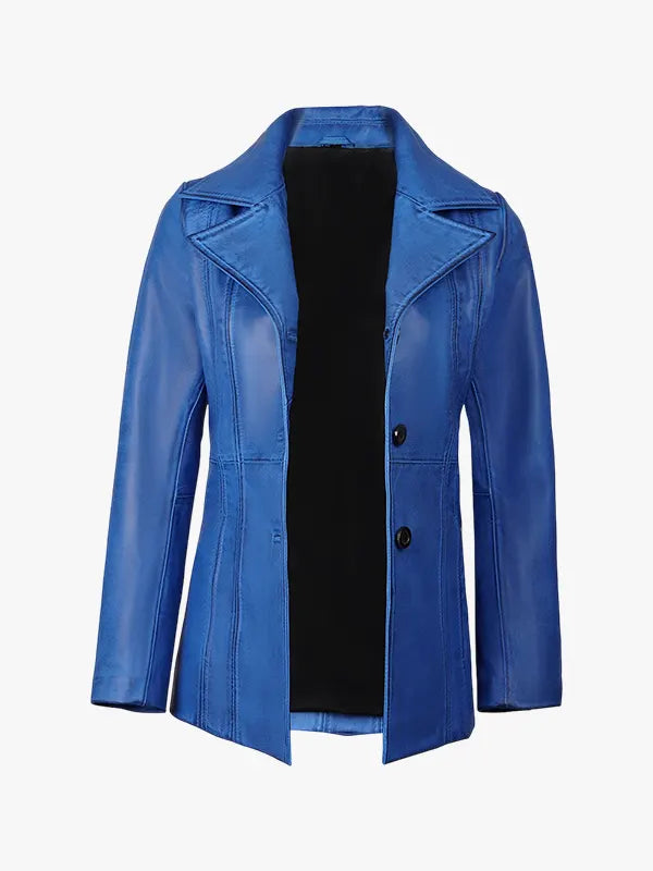 Stylish Women’s Blue Waxed Leather Long Coat