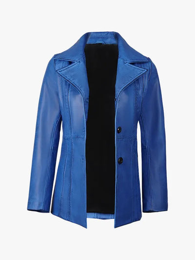 Stylish Women’s Blue Waxed Leather Long Coat