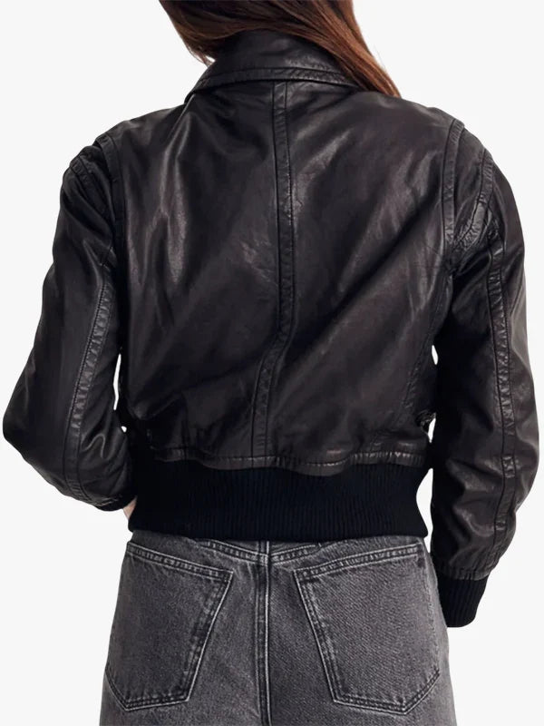 Elegant Women’s Vanilla Black Genuine Leather Bomber Jacket
