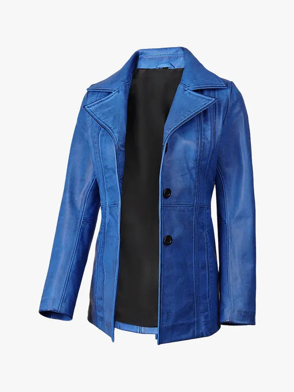 Stylish Women’s Blue Waxed Leather Long Coat