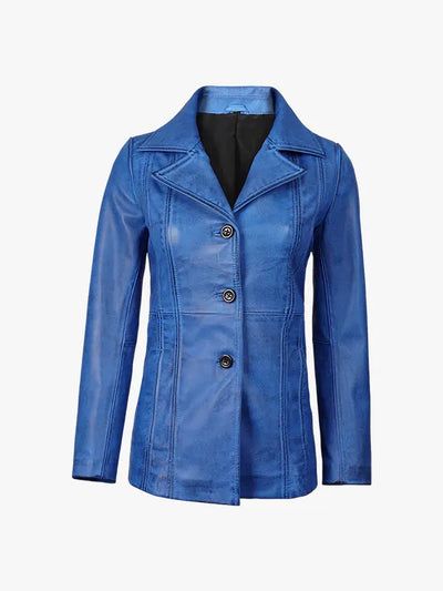 Stylish Women’s Blue Waxed Leather Long Coat