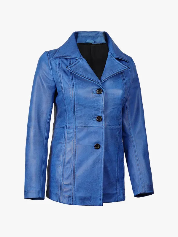 Stylish Women’s Blue Waxed Leather Long Coat