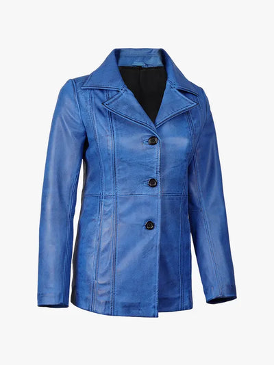 Stylish Women’s Blue Waxed Leather Long Coat