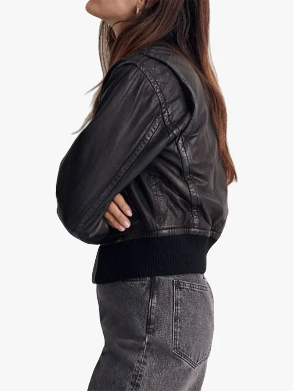 Stylish Women’s Valiant Black Leather Bomber Jacket
