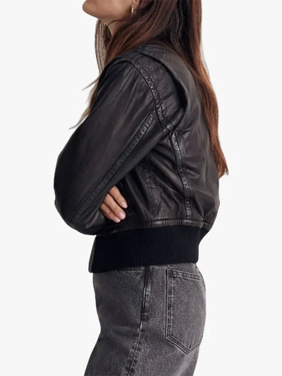 Stylish Women’s Valiant Black Leather Bomber Jacket