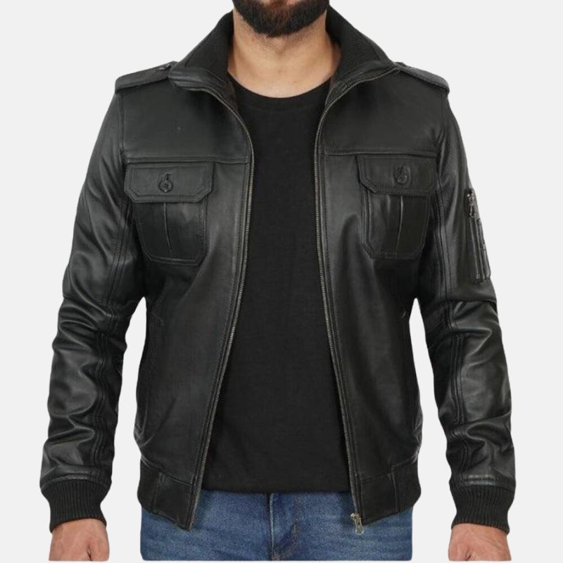 Mens Black Trucker Leather Jacket