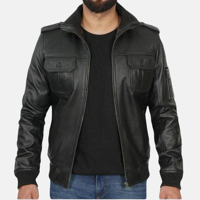 Mens Black Trucker Leather Jacket