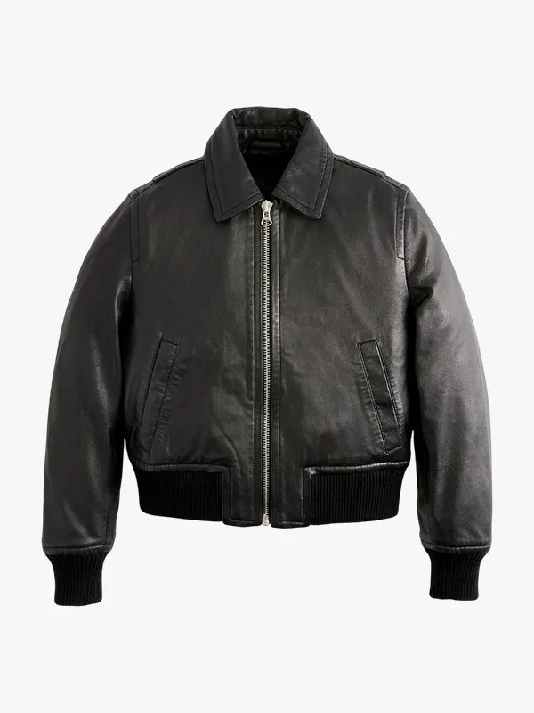 Washed Black Leather Bomber Style Jacket for Women