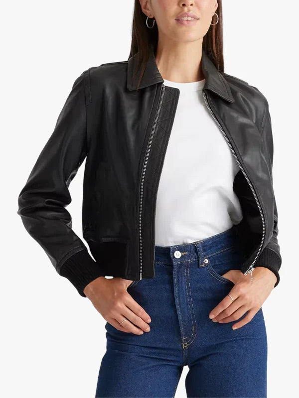 Washed Black Leather Bomber Style Jacket for Women