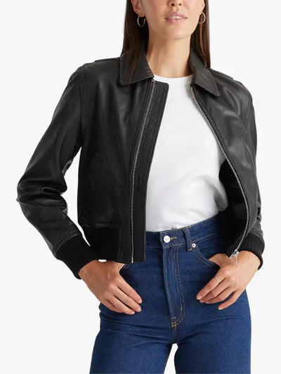 Washed Black Leather Bomber Style Jacket for Women