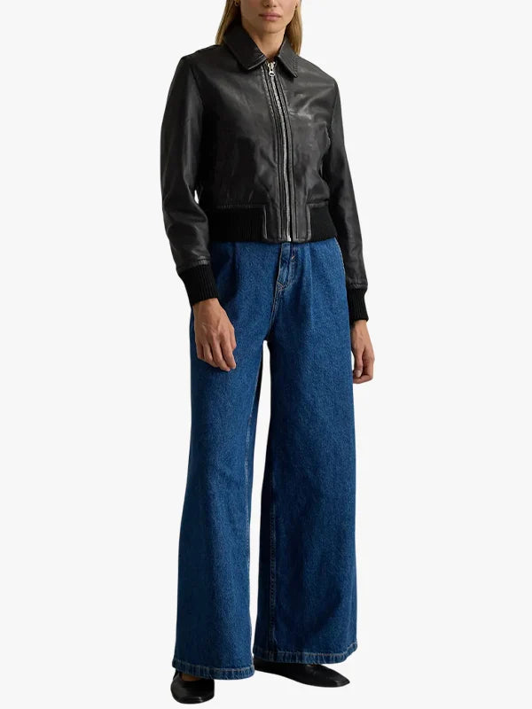 Washed Black Leather Bomber Style Jacket for Women