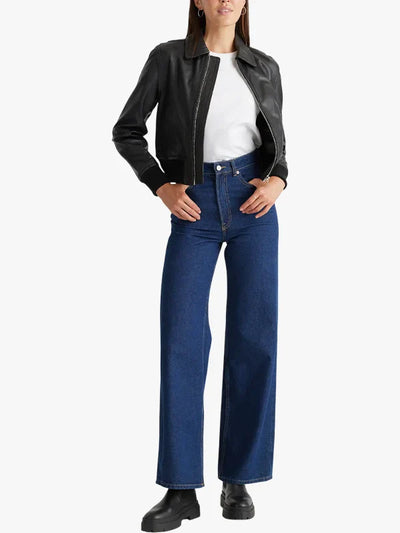 Washed Black Leather Bomber Style Jacket for Women