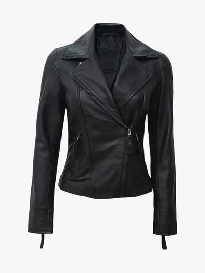 Women’s Asymmetrical Black Leather Biker Style Jacket