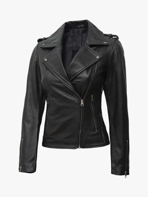 Women’s Black Asymmetrical Leather Biker Style Jacket