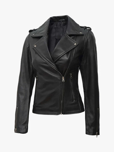 Women’s Black Asymmetrical Leather Biker Style Jacket