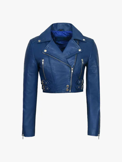 Women’s Blue Cropped Leather Biker Style Jacket