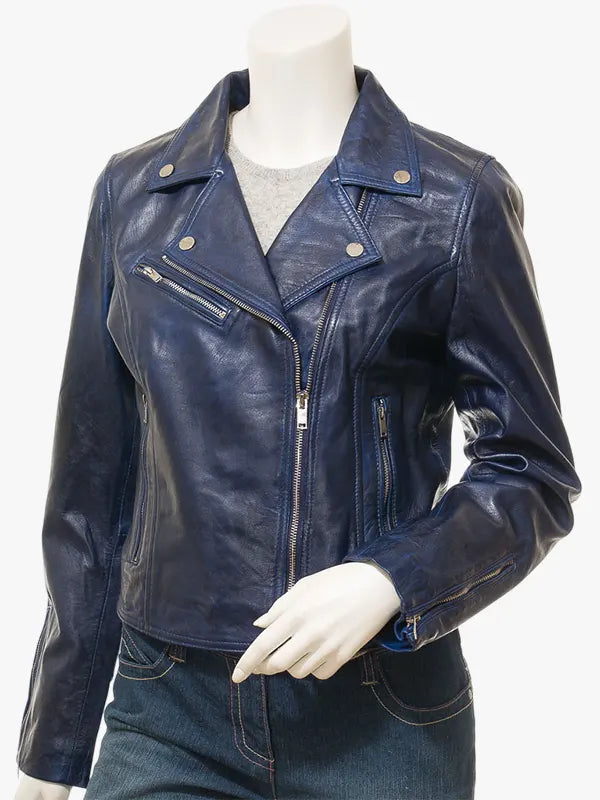 Women’s Blue Leather Biker Style Fashion Jacket