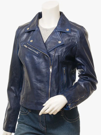 Women’s Blue Leather Biker Style Fashion Jacket