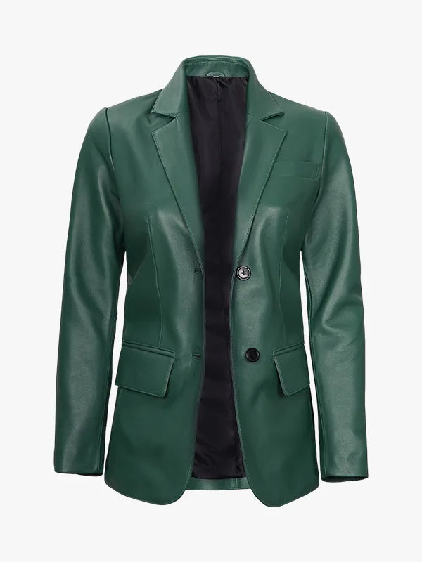 Women’s Classic Green Leather Blazer with Button Style